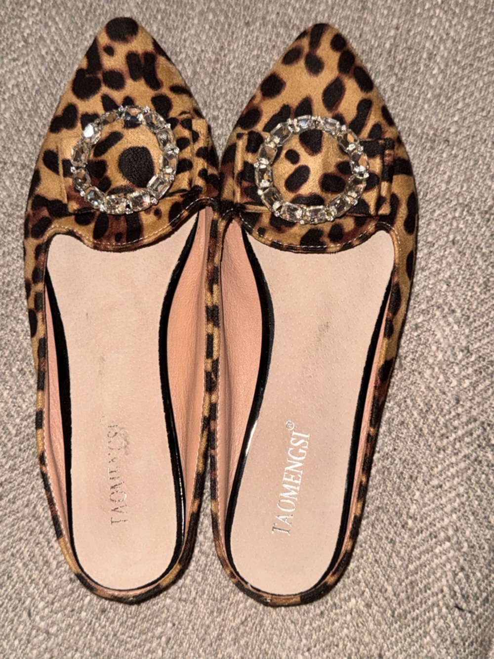 Leopard Print Pointed Toe Flats with Jewel Buckle - Brown